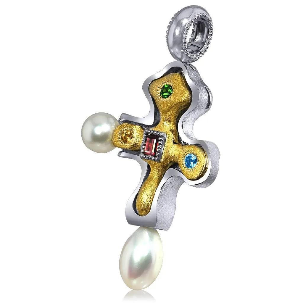 Silver Byzantine Cross Pendant with Gemstones