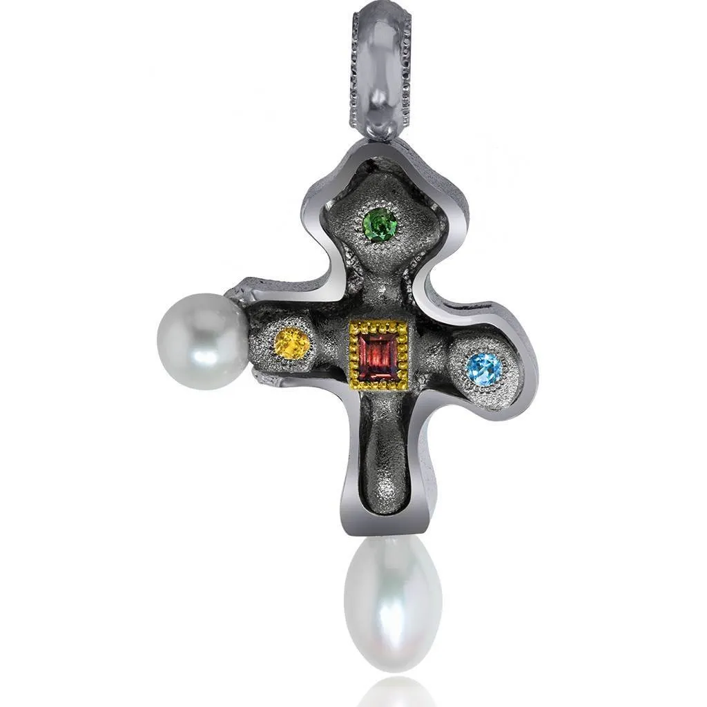 Silver Byzantine Cross Pendant with Gemstones