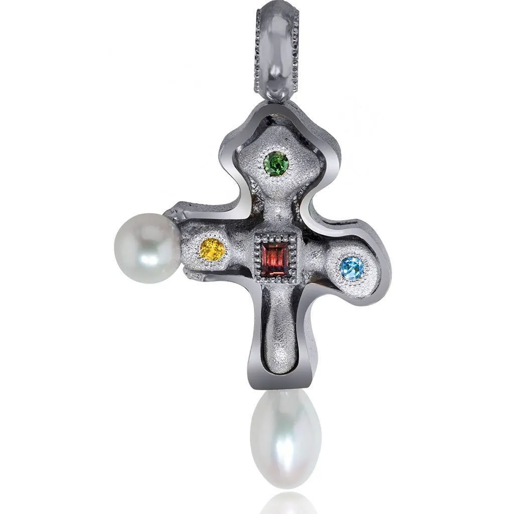 Silver Byzantine Cross Pendant with Gemstones