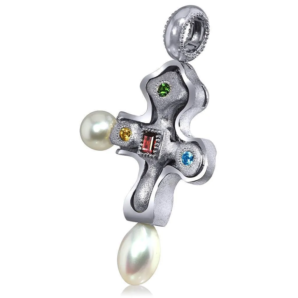 Silver Byzantine Cross Pendant with Gemstones
