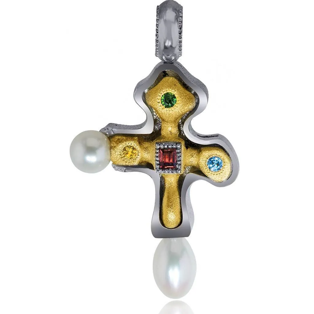 Silver Byzantine Cross Pendant with Gemstones