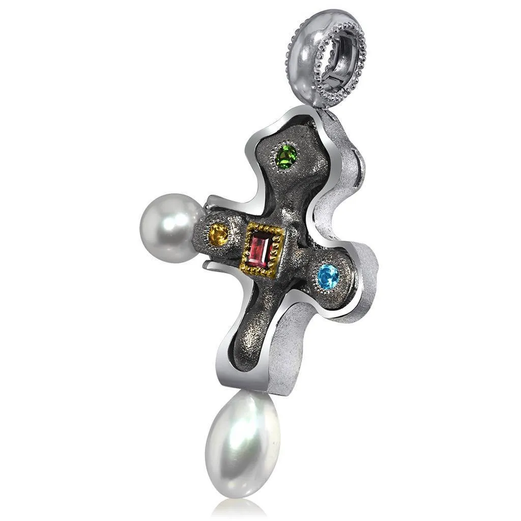 Silver Byzantine Cross Pendant with Gemstones