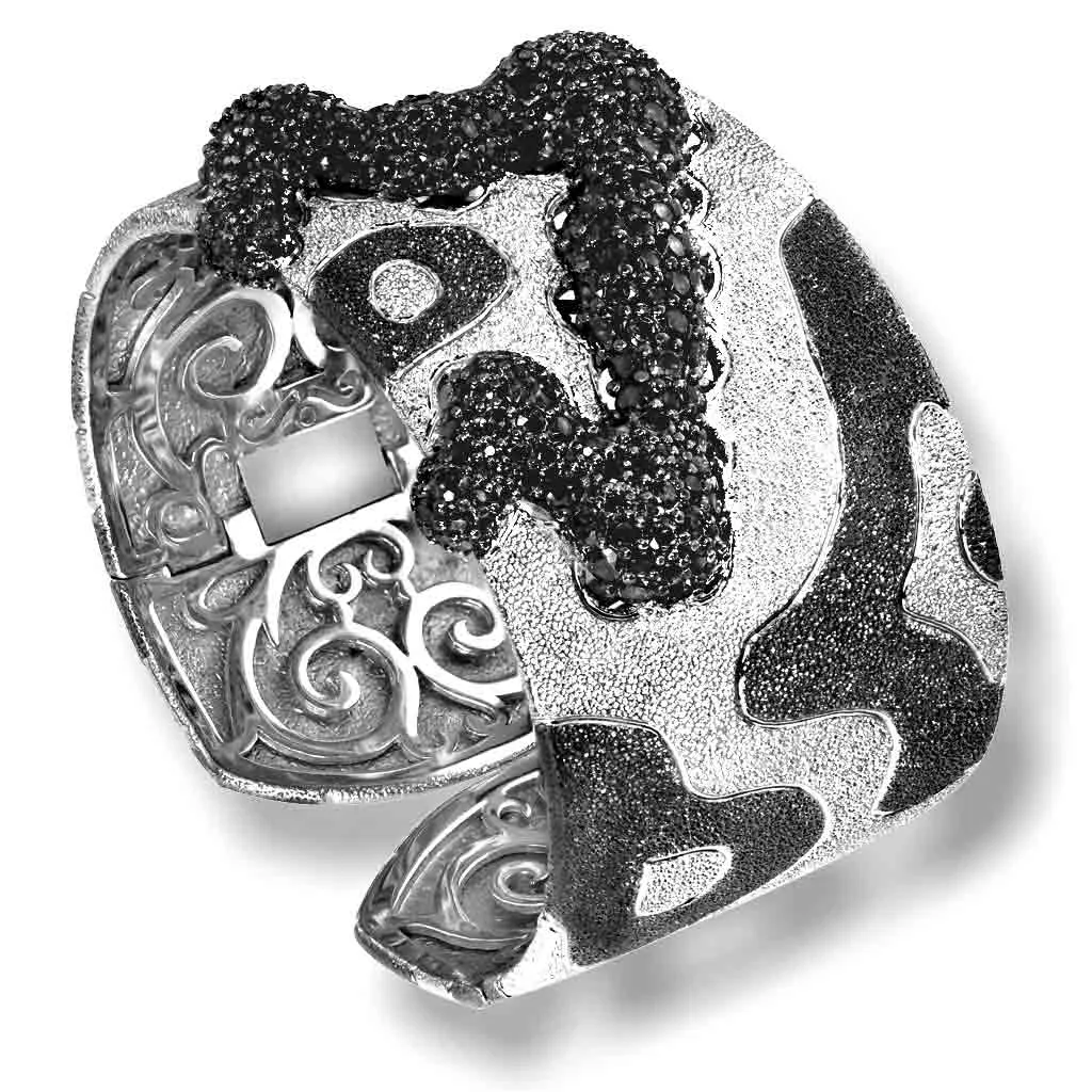 Silver Cora Pattern Cuff Bracelet with Black Spinel