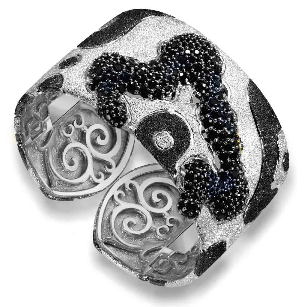 Silver Cora Pattern Cuff Bracelet with Black Spinel