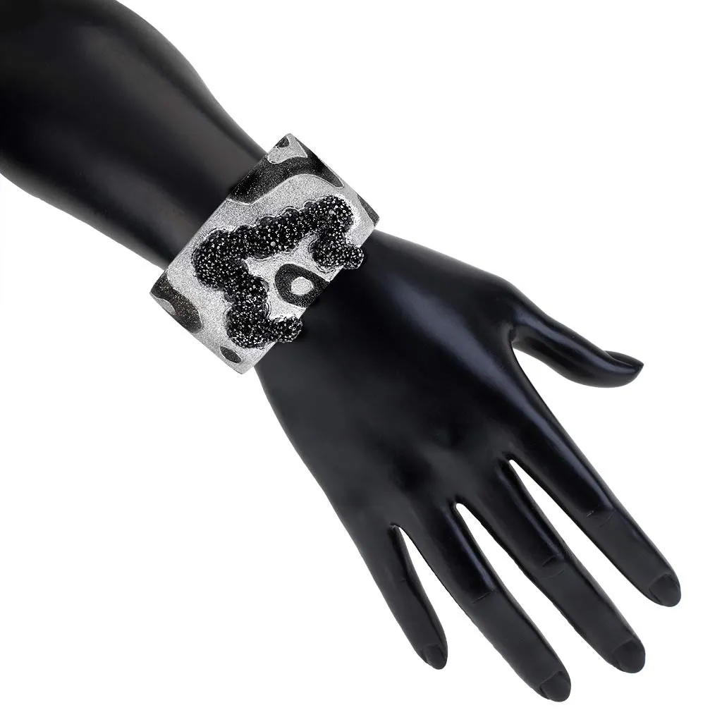 Silver Cora Pattern Cuff Bracelet with Black Spinel