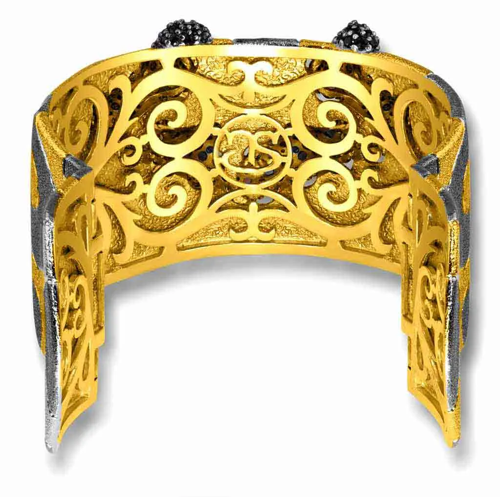 Silver Cora Pattern Cuff Bracelet with Black Spinel