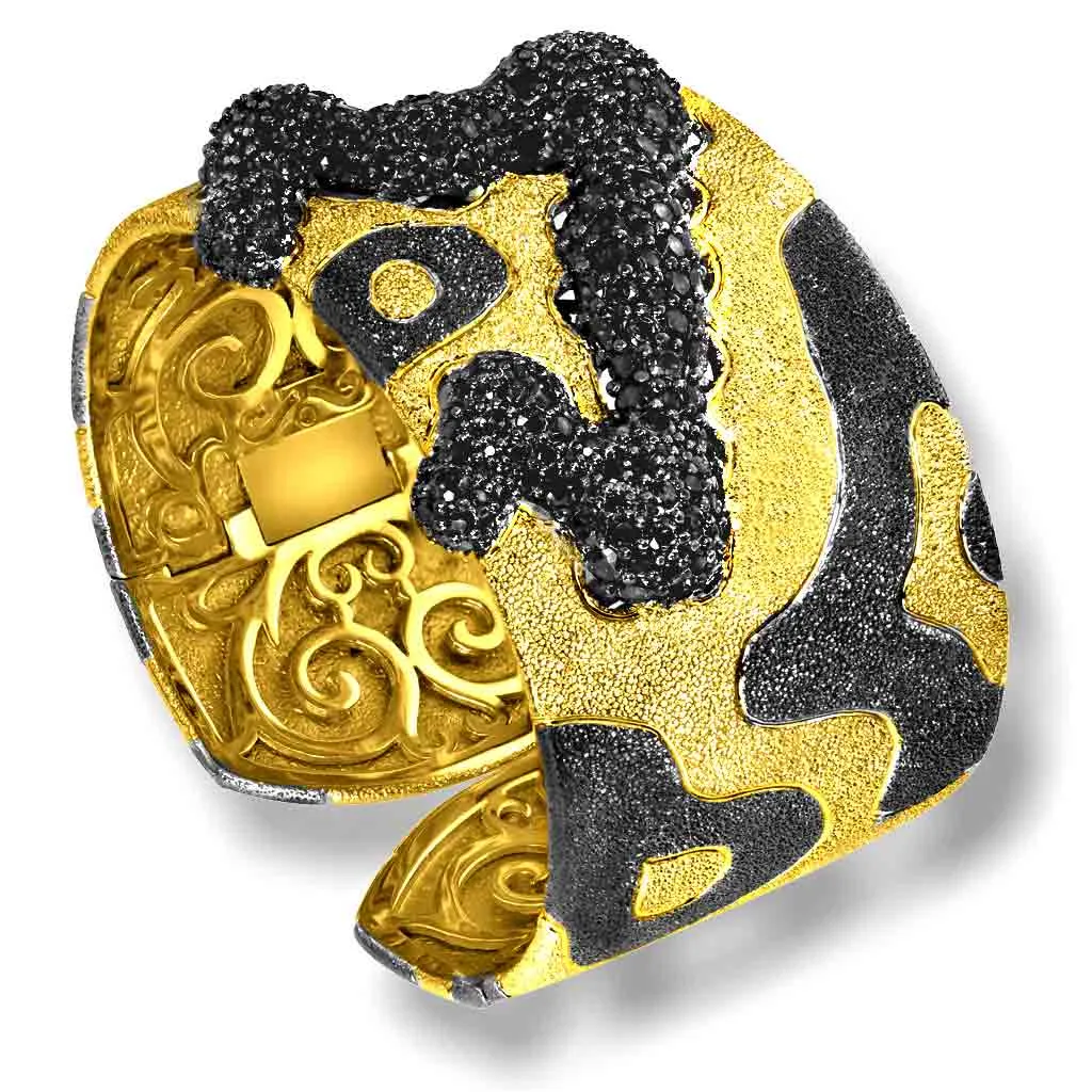 Silver Cora Pattern Cuff Bracelet with Black Spinel