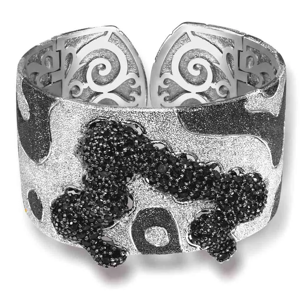 Silver Cora Pattern Cuff Bracelet with Black Spinel
