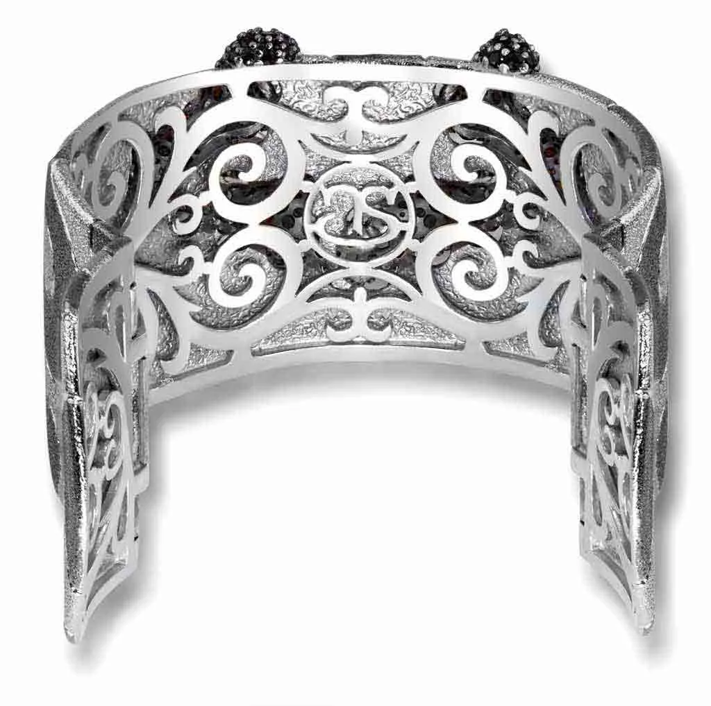 Silver Cora Pattern Cuff Bracelet with Black Spinel