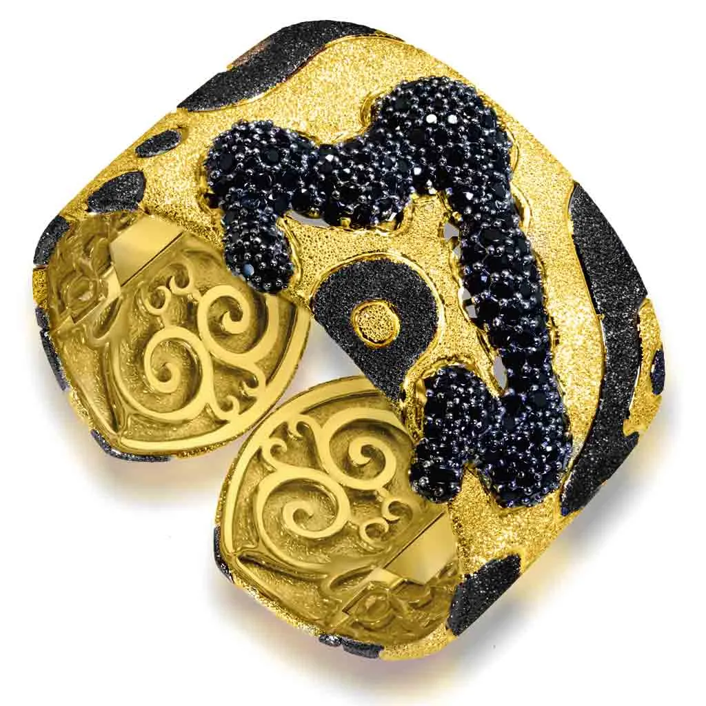 Silver Cora Pattern Cuff Bracelet with Black Spinel