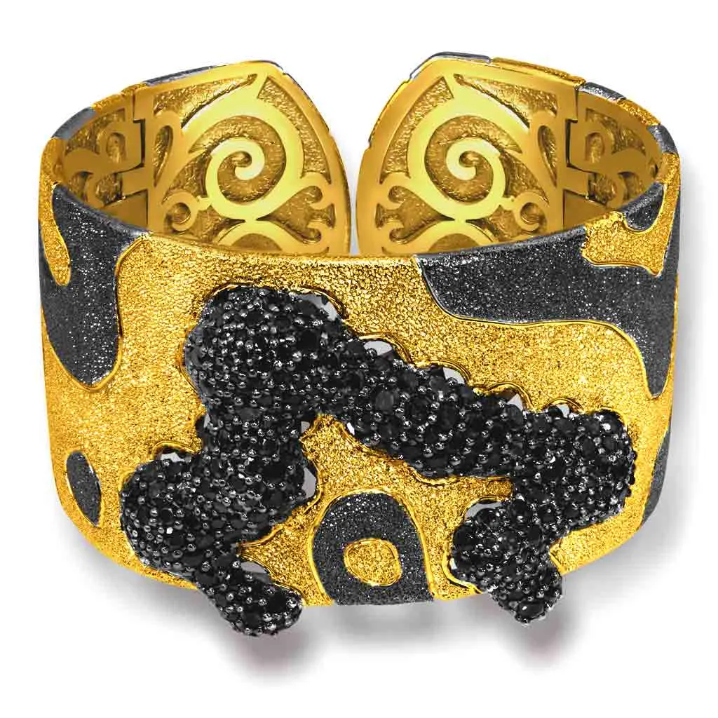Silver Cora Pattern Cuff Bracelet with Black Spinel