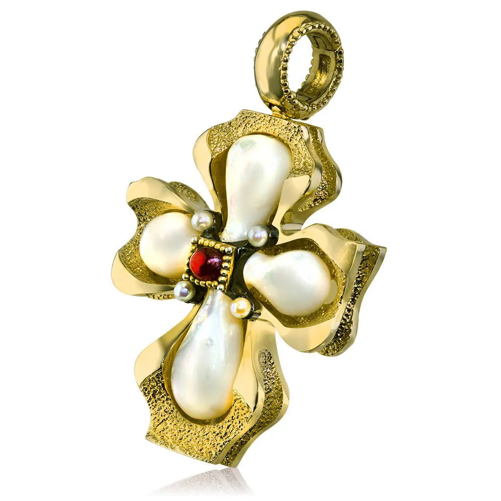 Silver Cross Pendant with Mother of Pearl and Ruby