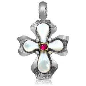 Silver Cross Pendant with Mother of Pearl and Ruby