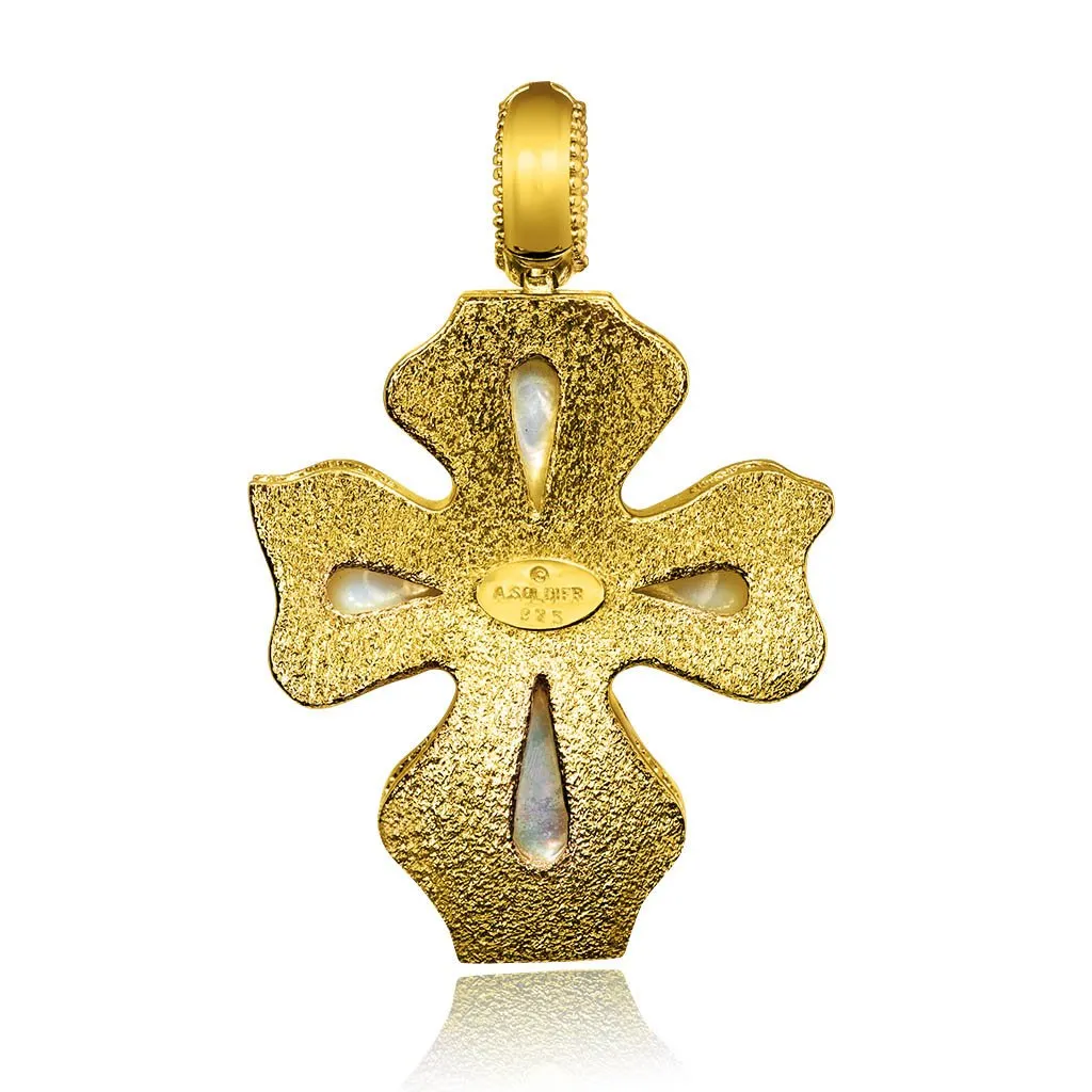 Silver Cross Pendant with Mother of Pearl and Ruby
