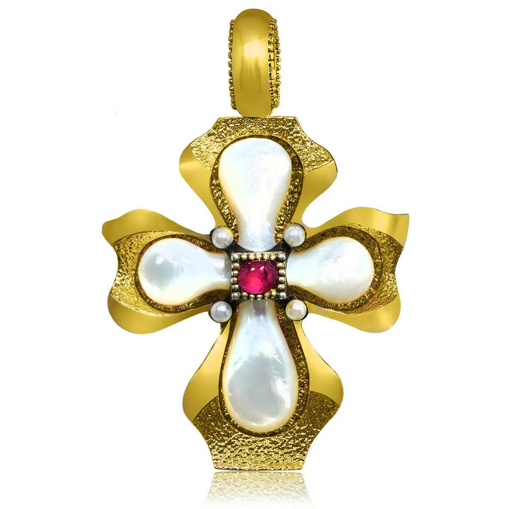 Silver Cross Pendant with Mother of Pearl and Ruby