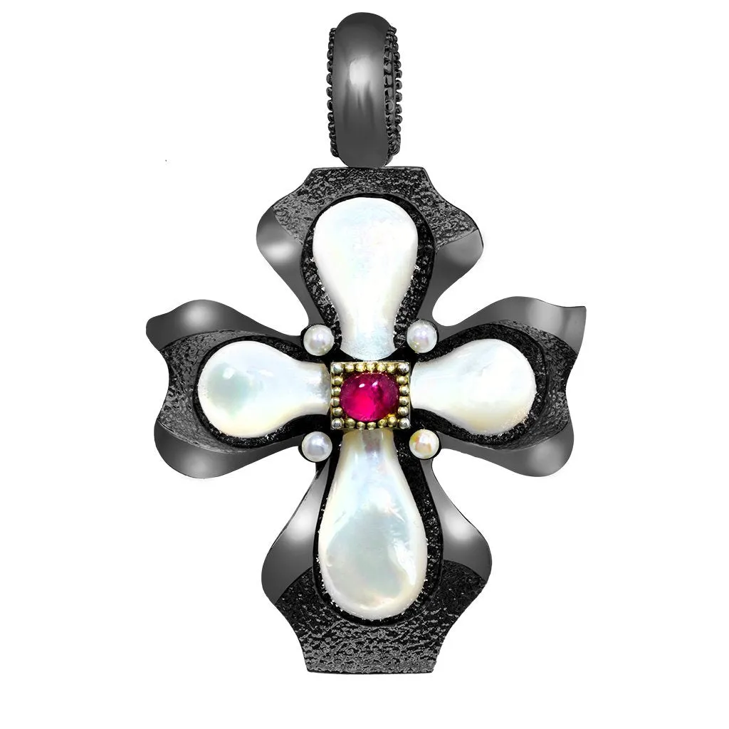 Silver Cross Pendant with Mother of Pearl and Ruby