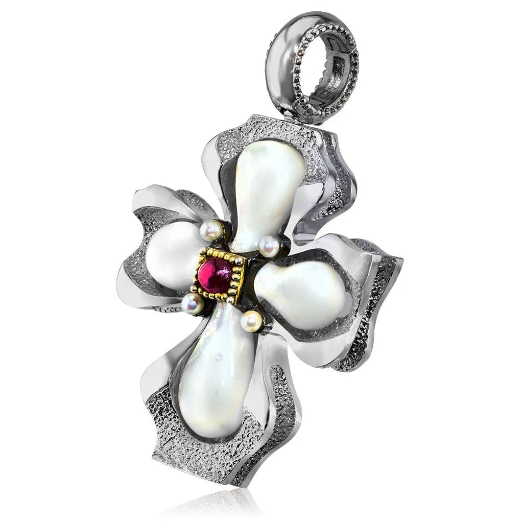 Silver Cross Pendant with Mother of Pearl and Ruby
