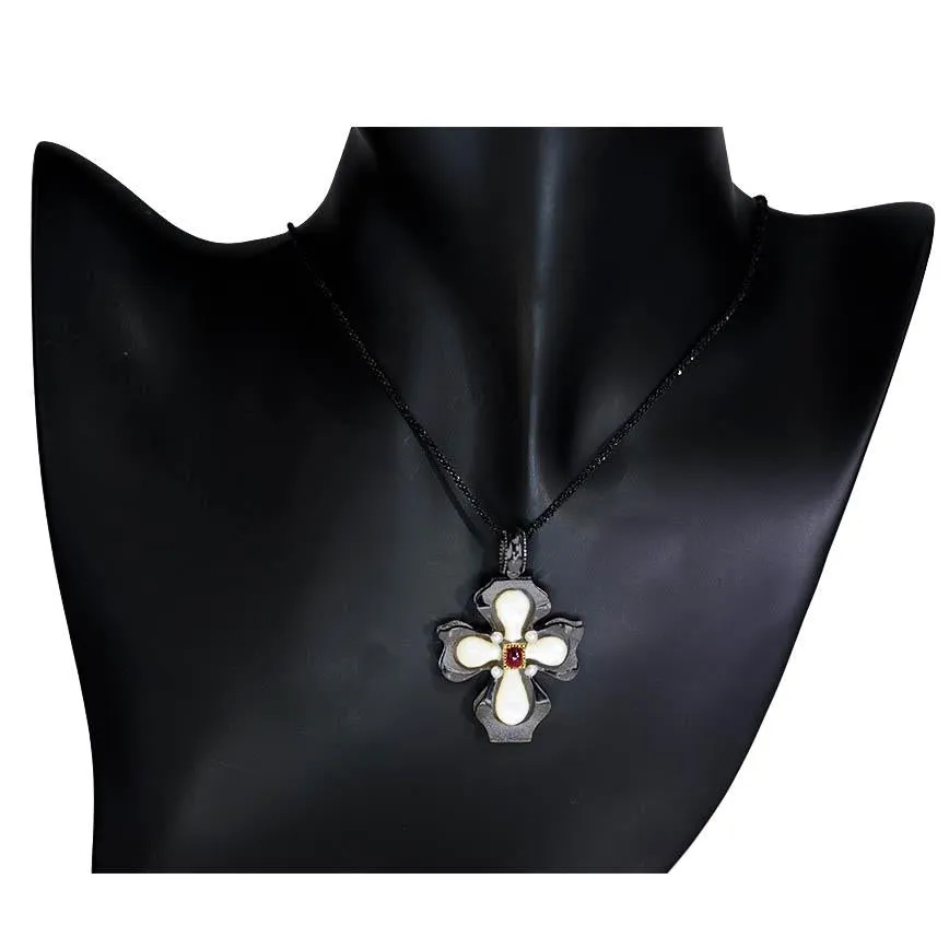 Silver Cross Pendant with Mother of Pearl and Ruby
