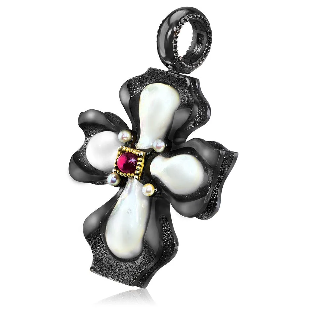 Silver Cross Pendant with Mother of Pearl and Ruby