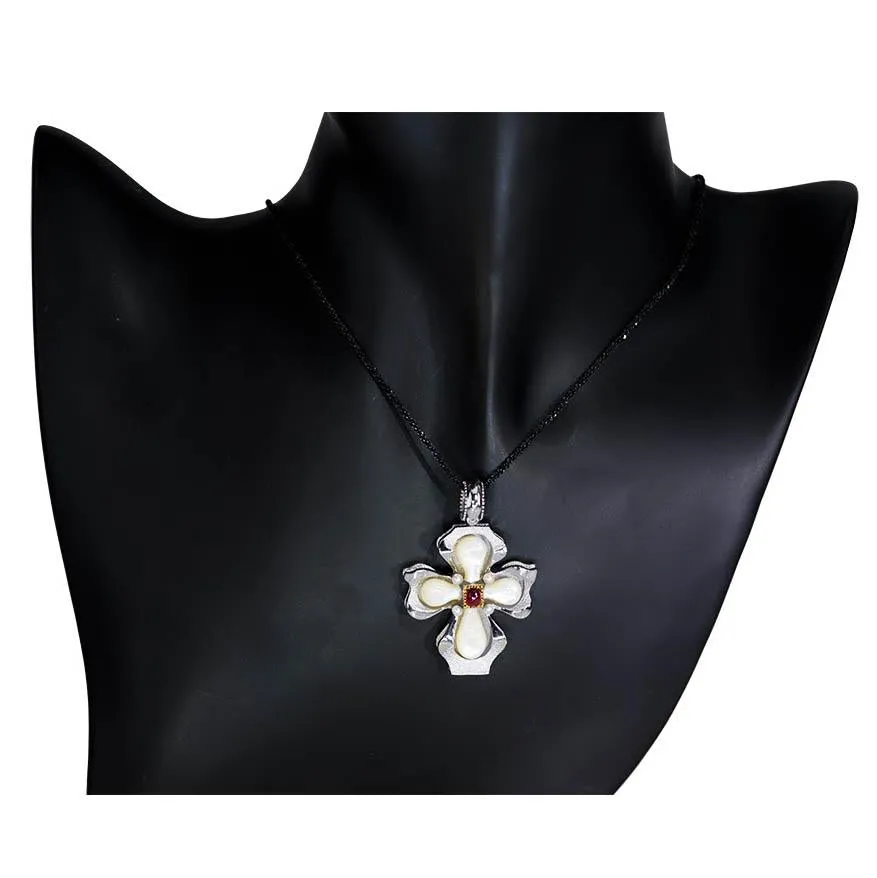 Silver Cross Pendant with Mother of Pearl and Ruby