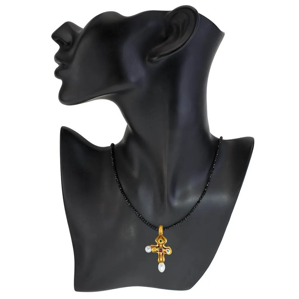 Silver Golden Byzantine Cross Pendant with Gemstones