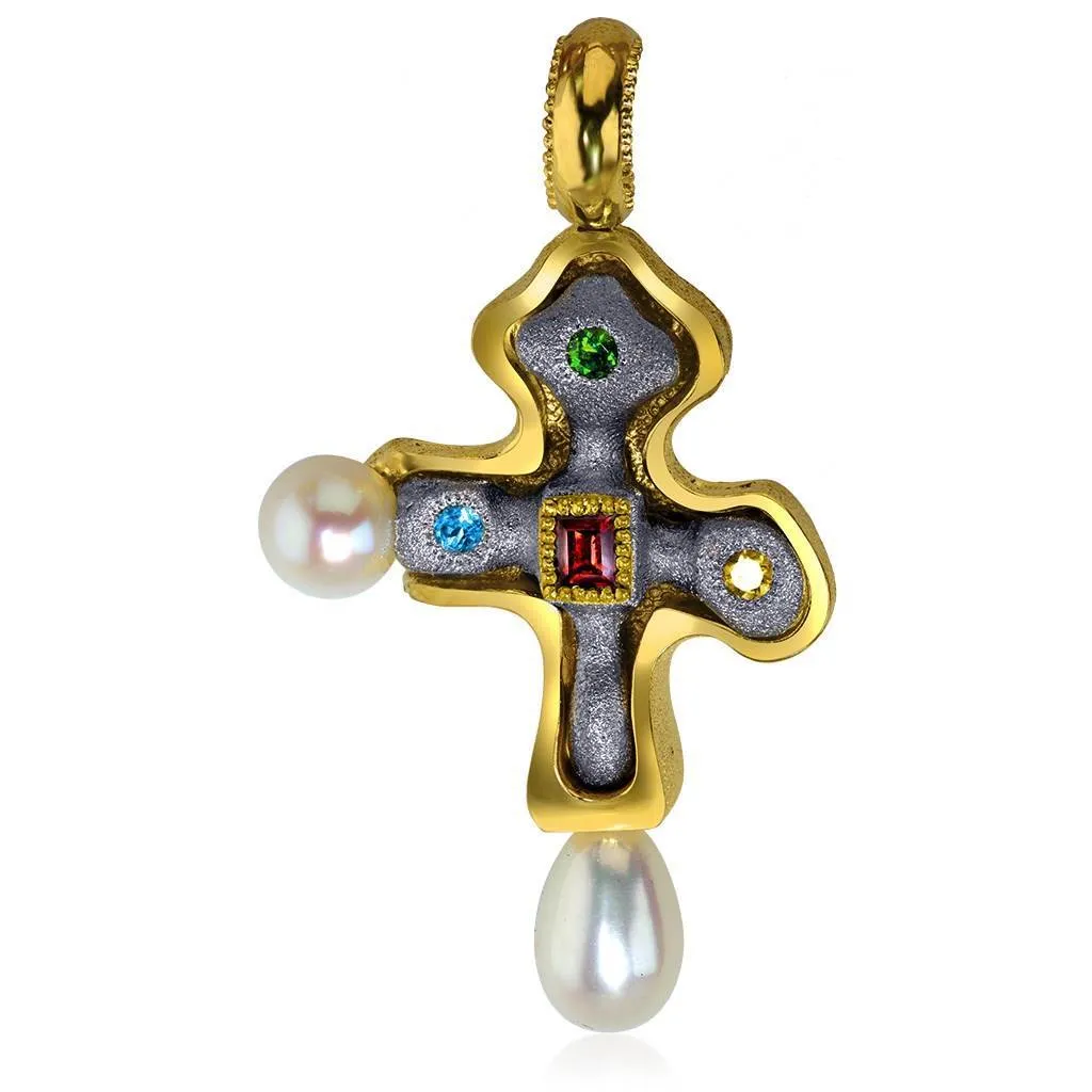 Silver Golden Byzantine Cross Pendant with Gemstones