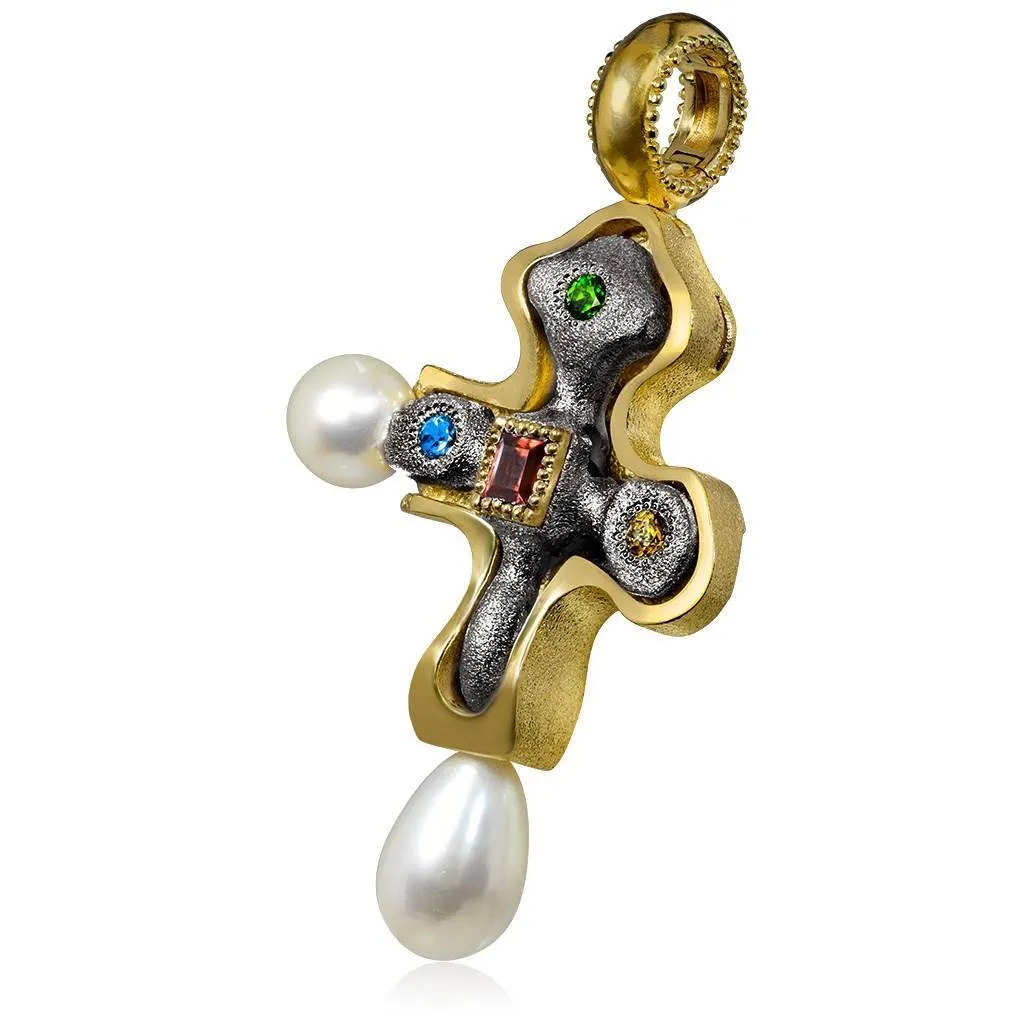 Silver Golden Byzantine Cross Pendant with Gemstones