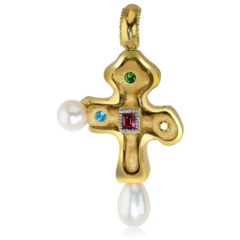 Silver Golden Byzantine Cross Pendant with Gemstones