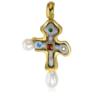 Silver Golden Byzantine Cross Pendant with Gemstones