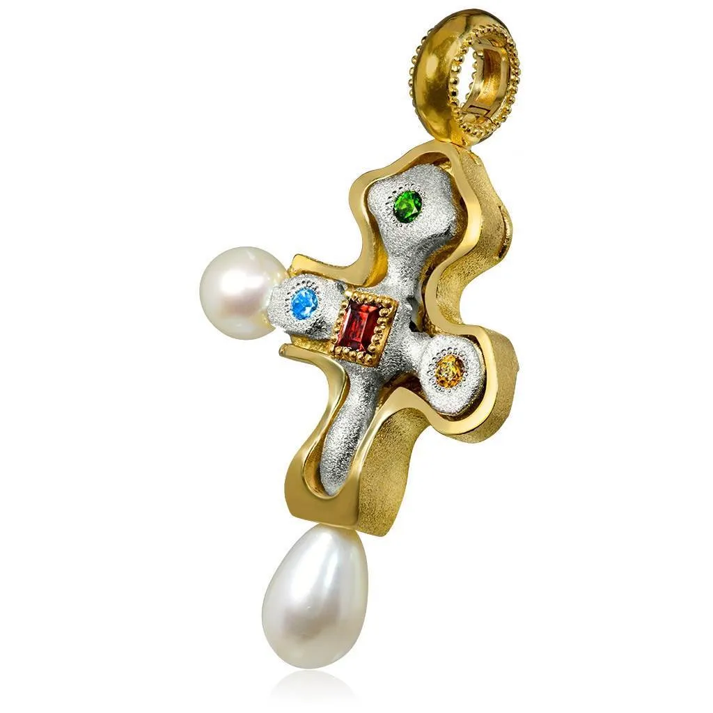 Silver Golden Byzantine Cross Pendant with Gemstones
