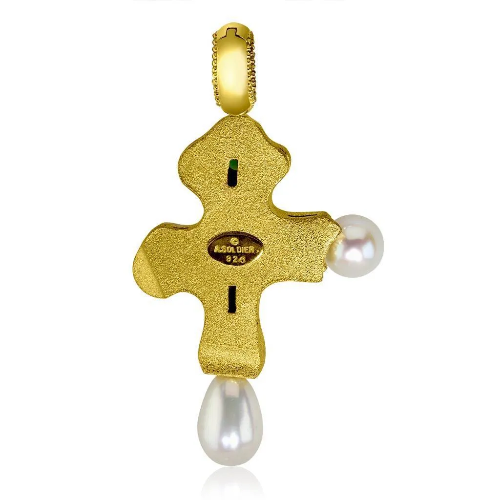 Silver Golden Byzantine Cross Pendant with Gemstones
