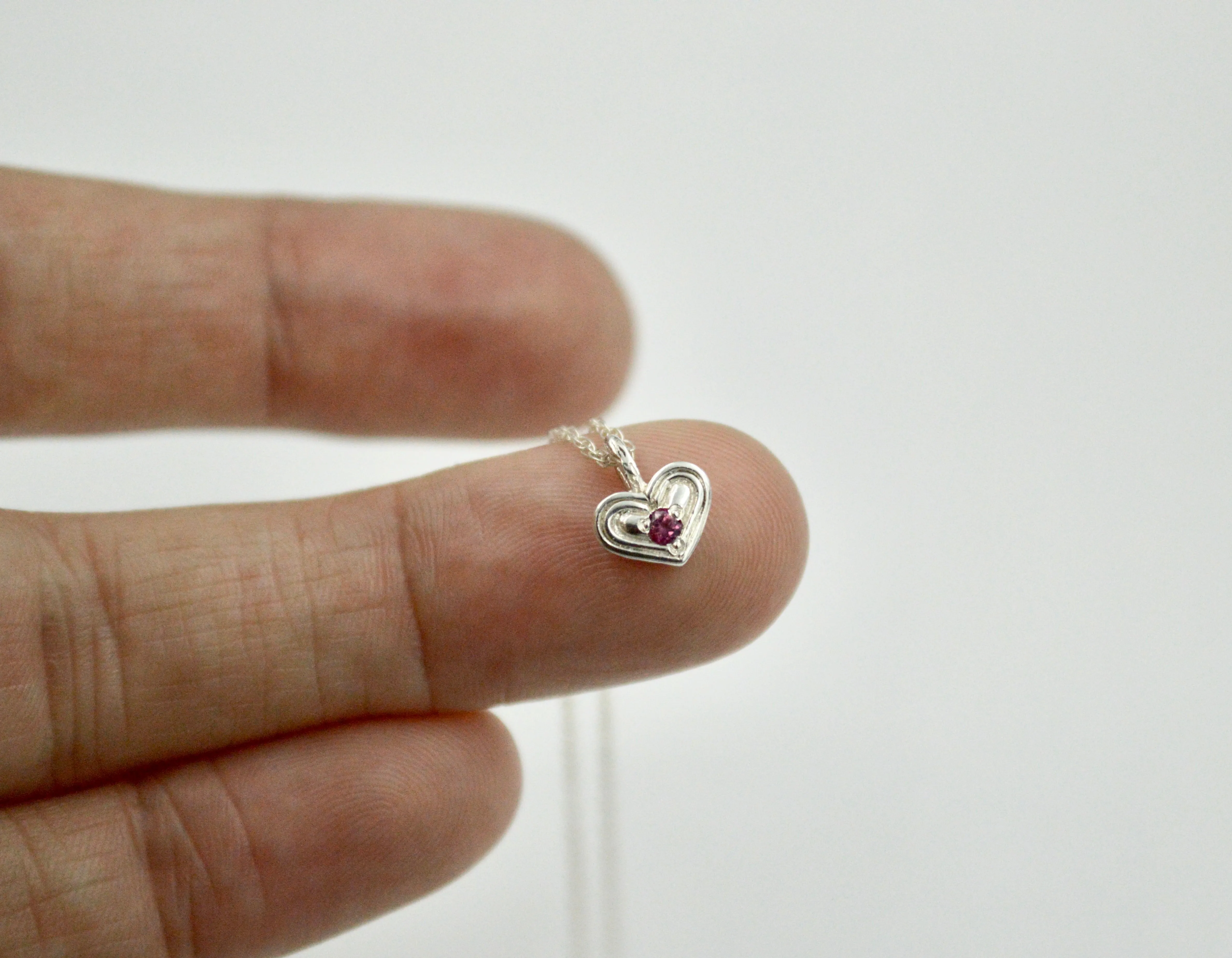 Silver Little Heart Necklace w/ Garnet