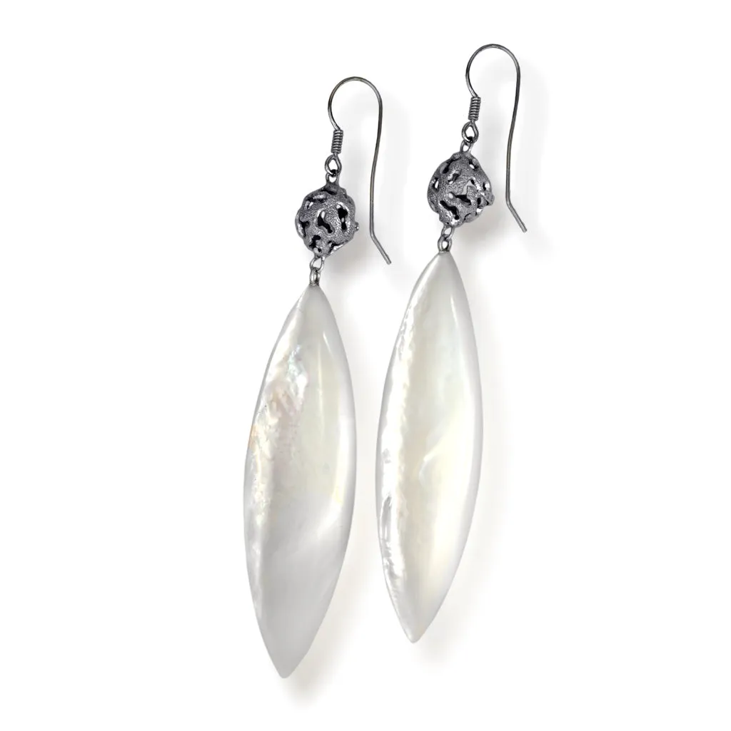 Silver Meteorite Drop Earrings with Mother Of Pearl