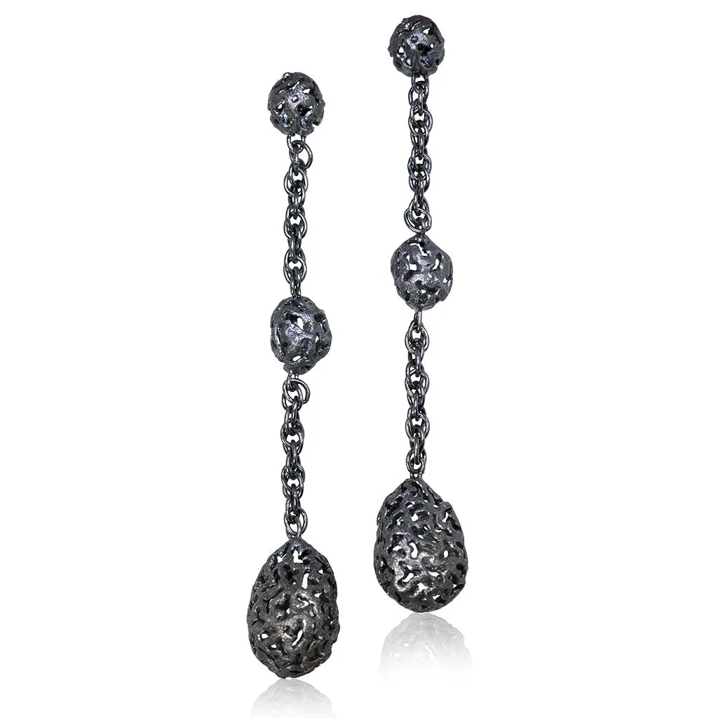 Silver Meteorite Long Drop Earrings
