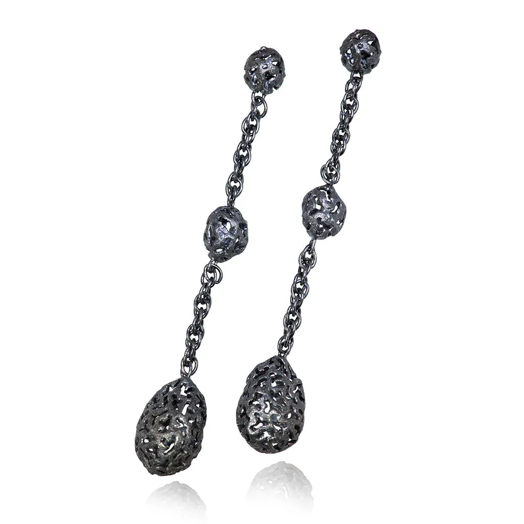 Silver Meteorite Long Drop Earrings