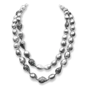 Silver Meteorite Necklace with Light Grey Pearls