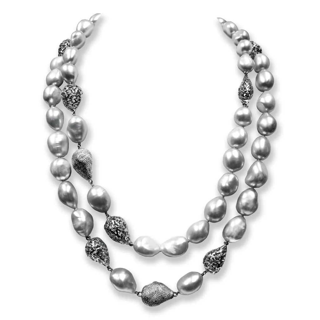Silver Meteorite Necklace with Light Grey Pearls