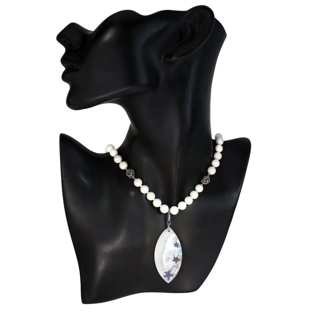 Silver Meteorite Necklace with Mother of Pearl & Coral