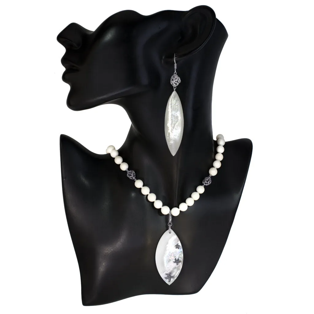 Silver Meteorite Necklace with Mother of Pearl & Coral