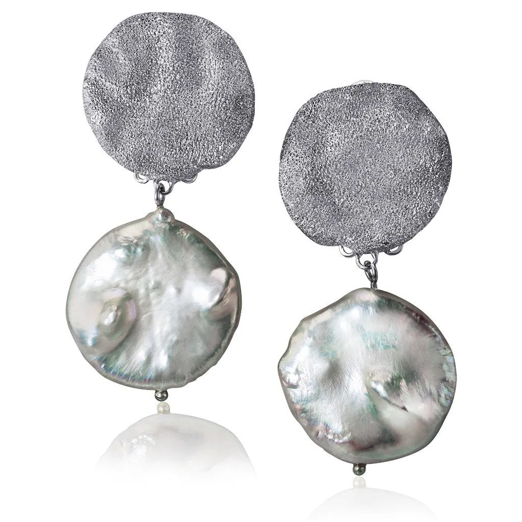 Silver Moneta Earrings with Natural Coin Pearl