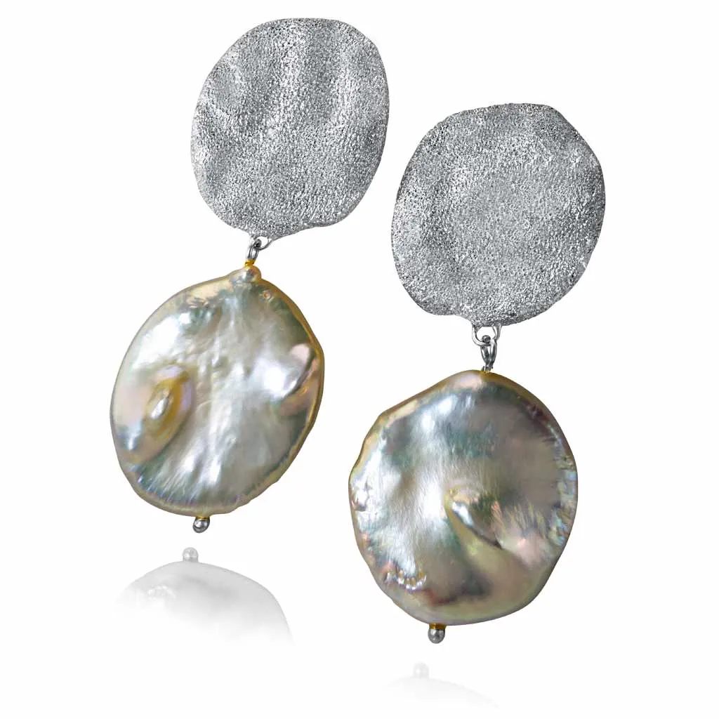 Silver Moneta Earrings with Natural Coin Pearl