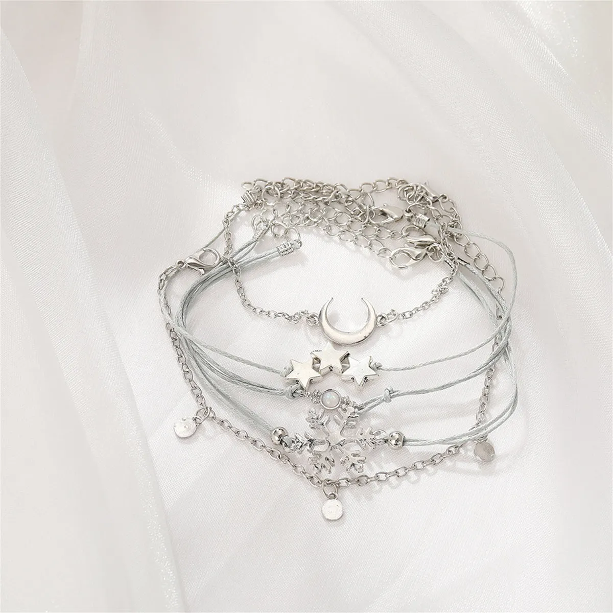 Silver-Plated & Gray Snowflake & Celestial Bracelet Set