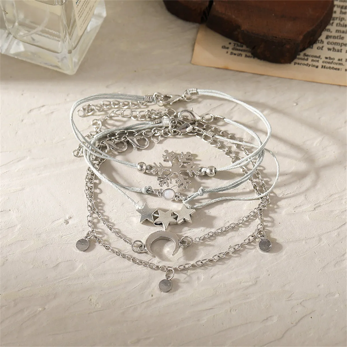 Silver-Plated & Gray Snowflake & Celestial Bracelet Set