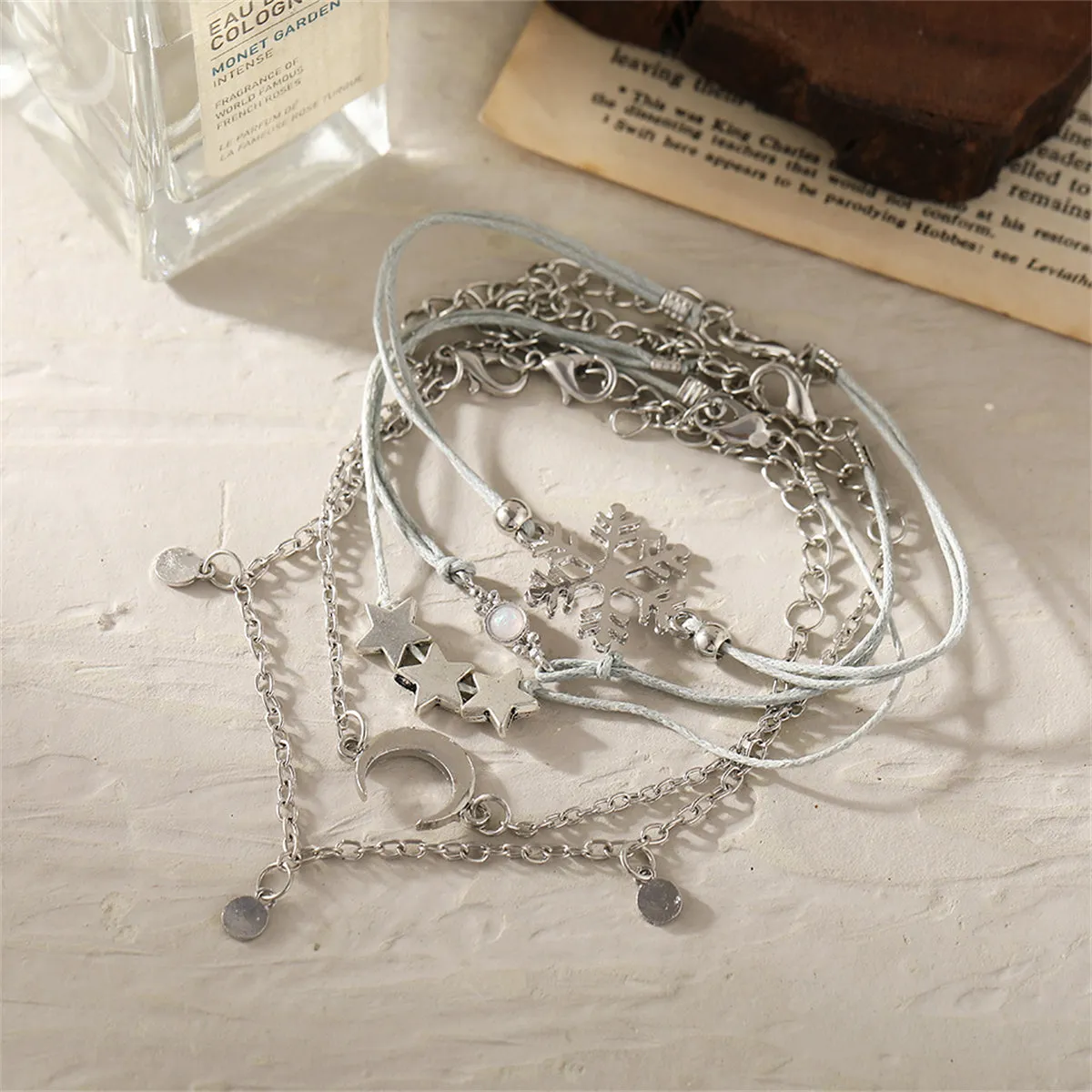 Silver-Plated & Gray Snowflake & Celestial Bracelet Set