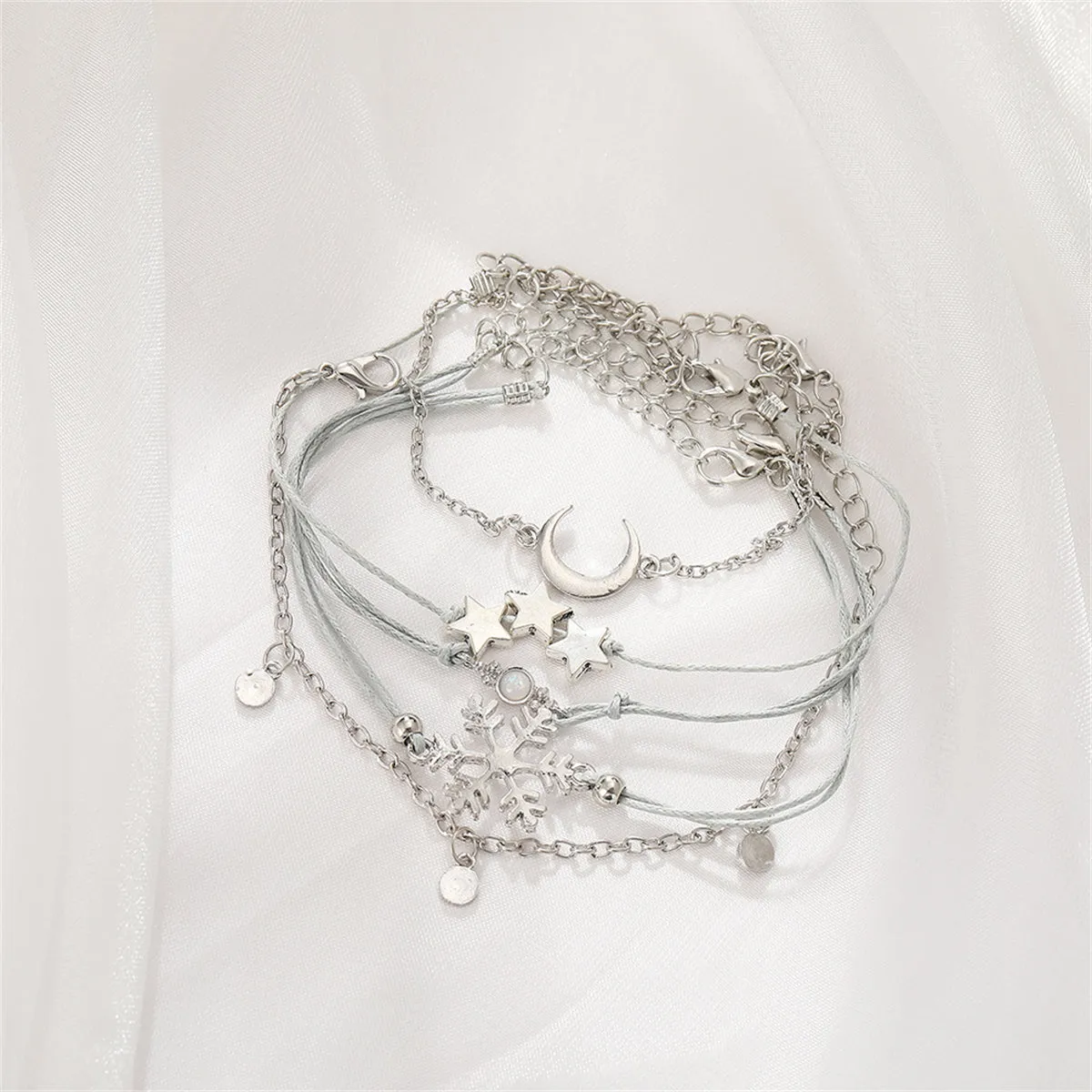 Silver-Plated & Gray Snowflake & Celestial Bracelet Set