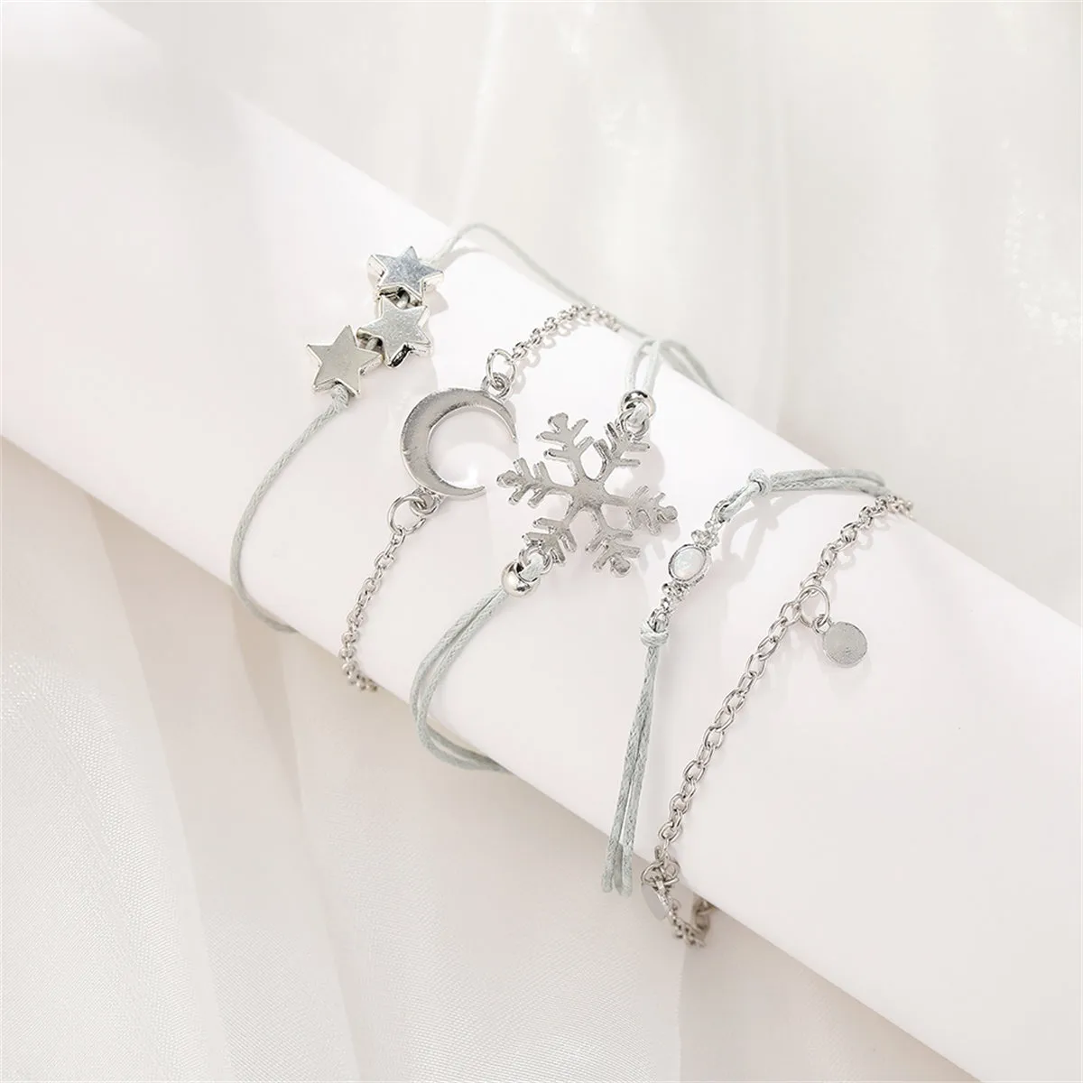 Silver-Plated & Gray Snowflake & Celestial Bracelet Set
