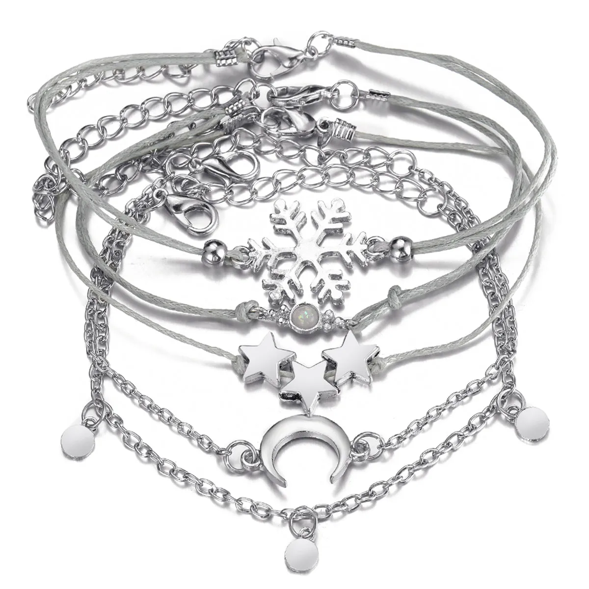 Silver-Plated & Gray Snowflake & Celestial Bracelet Set