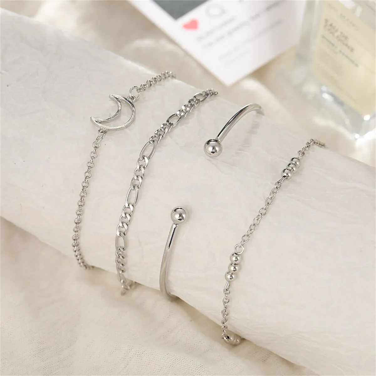 Silver-Plated Cuff & Moon Charm Bracelet Set