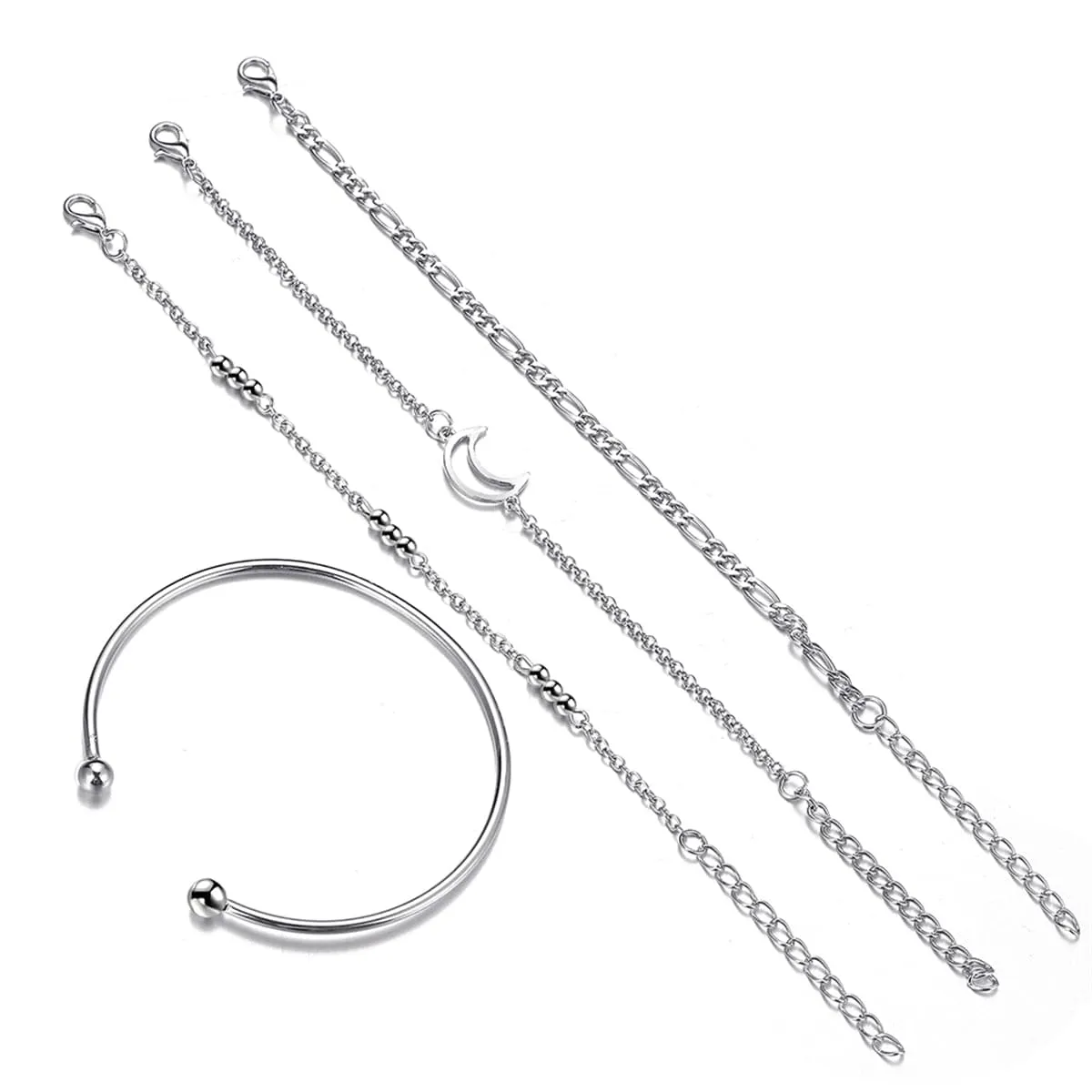 Silver-Plated Cuff & Moon Charm Bracelet Set