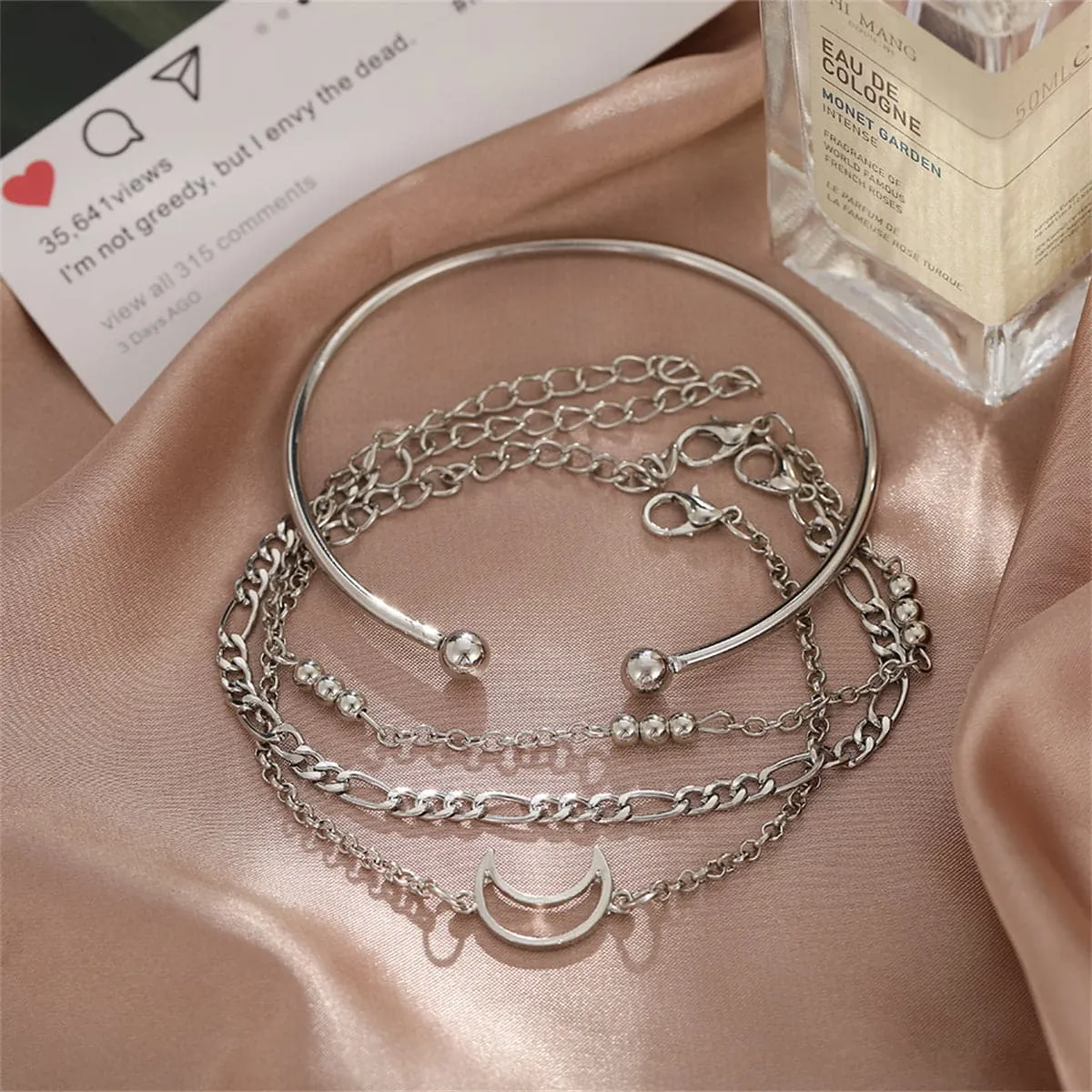 Silver-Plated Cuff & Moon Charm Bracelet Set